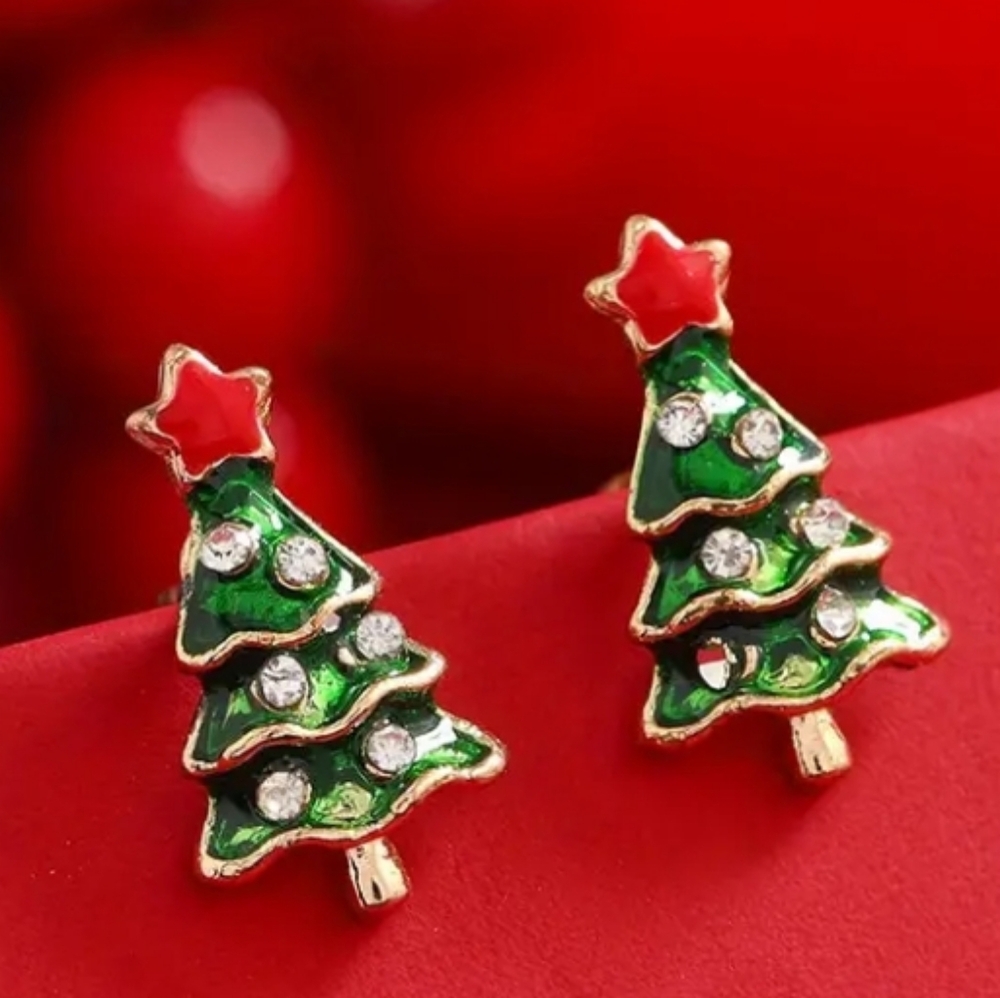 BOGO Festive 18 Kt Gold Plated Green Red Enamel Christmas Tree Stud Earrings - Picture 4 of 5